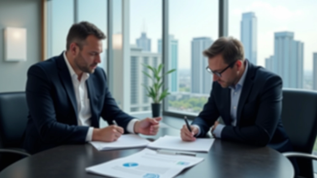 Geschäftsmänner im Anzug besprechen Finanzierungsdokumente am Konferenztisch